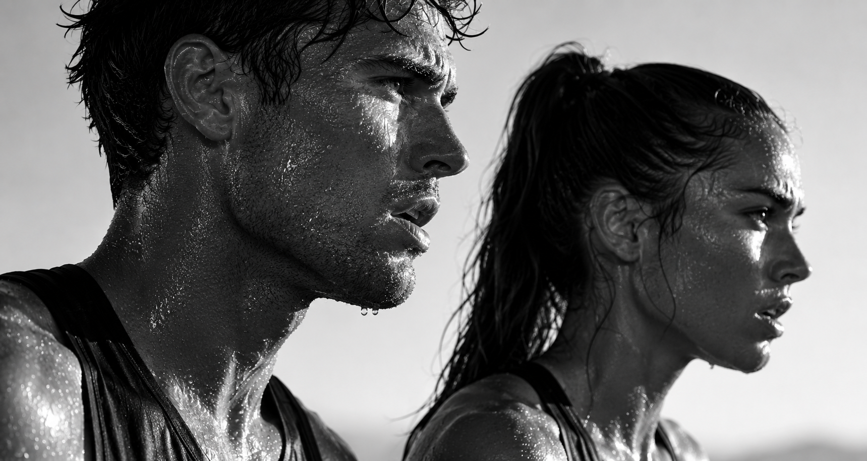 Two perspiring runners moving forward together in profile